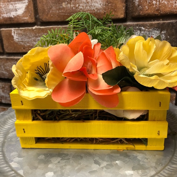 Handcrafted Other - Yellow Wood Basket with Flowers Arrangement